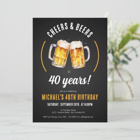 Cheers and Beers 40e Birthday Party Invitation Kaart (Staand voorkant)
