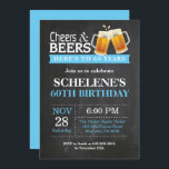 Cheers and Beers 60th Birthday Invitation Card<br><div class="desc">Salutations et bières 60e anniversaire Invitation Card. Anniversaire adulte. Bleu. 16ème 18ème 20ème 30ème 40ème 50ème 60ème 70ème 80ème 90ème 100ème. N'Importe Quel Âge. Pour plus de personnalisation,  cliquez sur le bouton "Customiser" et utilisez notre outil de conception pour modifier ce modèle.</div>