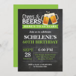 Cheers and Beers 60th Birthday Invitation Card<br><div class="desc">Salutations et bières 60e Anniversaire Invitation Card. Anniversaire adulte. Vert. 16ème 18ème 21ème 30ème 40ème 60ème 70ème 80ème 90ème 100ème. N'Importe Quel Âge. Pour plus de personnalisation,  cliquez sur le bouton "Customiser" et utilisez notre outil de conception pour modifier ce modèle.</div>