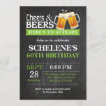 Cheers and Beers 60th Birthday Invitation Card<br><div class="desc">Salutations et bières 60e anniversaire Invitation Card. Anniversaire adulte. Vert. 16ème 18ème 21ème 30ème 40ème 60ème 70ème 80ème 90ème 100ème. N'Importe Quel Âge. Pour plus de personnalisation,  cliquez sur le bouton "Customiser" et utilisez notre outil de conception pour modifier ce modèle.</div>