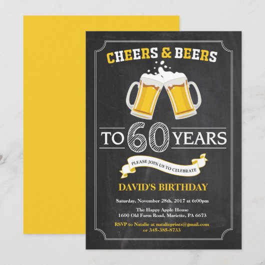 Cheers and Beers 60th Birthday Invitation Card Kaart (Voorkant / Achterkant)