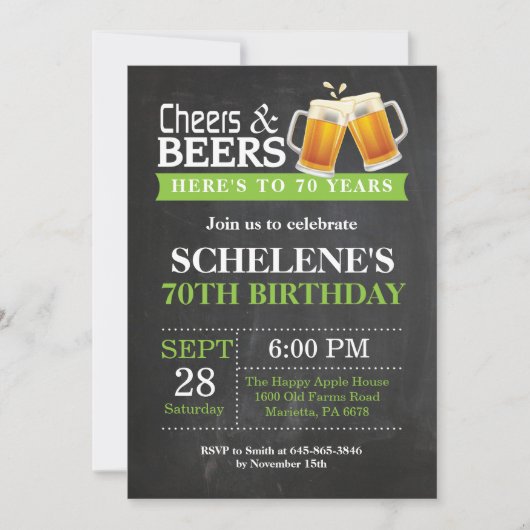 Cheers and Beers 70th Birthday Invitation Card (Devant)