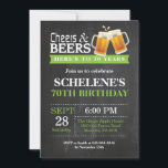Cheers and Beers 70th Birthday Invitation Card<br><div class="desc">Salutations et bières 70e anniversaire Invitation Card. Anniversaire adulte. Vert. 16ème 18ème 21ème 30ème 40ème 60ème 70ème 80ème 90ème 100ème. N'Importe Quel Âge. Pour plus de personnalisation,  cliquez sur le bouton "Customiser" et utilisez notre outil de conception pour modifier ce modèle.</div>