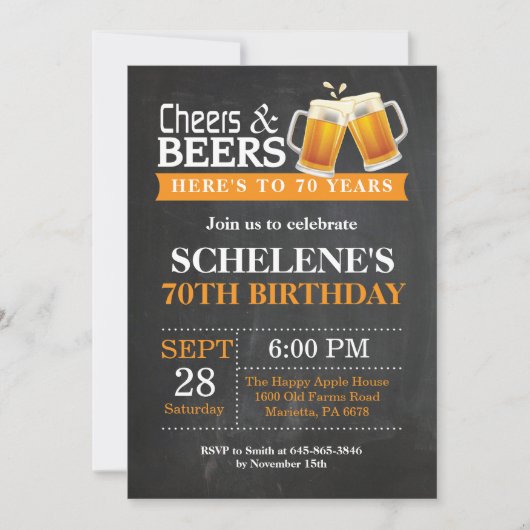 Cheers and Beers 70th Birthday Invitation Card (Devant)