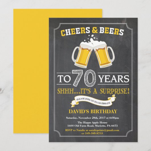 Cheers and Beers 70th Birthday Invitation Card Kaart (Voorkant / Achterkant)