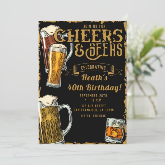 Cheers & Beers Gold Black Pub Bar Verjaardagsfeest Kaart (Staand voorkant)