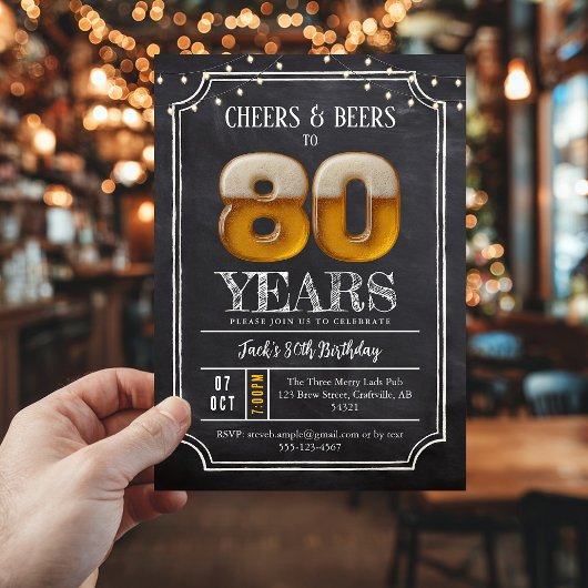 Cheers & Beers Men's 80th Birthday Invitation Kaart