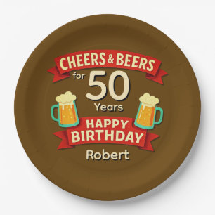 Cheers & Beers voor 50 jaar Happy Birthday NAAM 9" Papieren Bordje