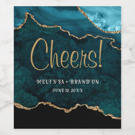 Cheers Blauwgroen Gold Glitter Agate Marble Weddin Wijn Etiket (Enkel label)