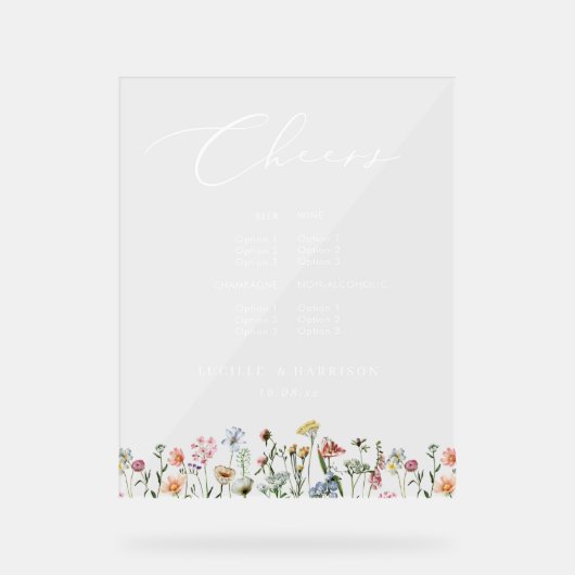 Cheers Boho Colorful Wild Flowers Wedding Bar Menu Acryl Bord (Voorkant)