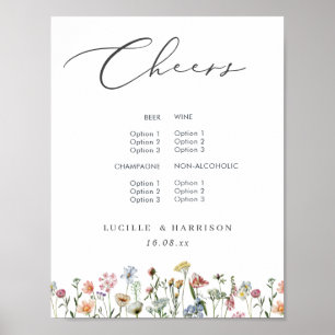 Cheers Boho Colorful Wild Flowers Wedding Bar Menu Poster