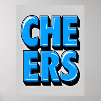 CHEERS Bold Blue Text Poster – Retro Pop Style