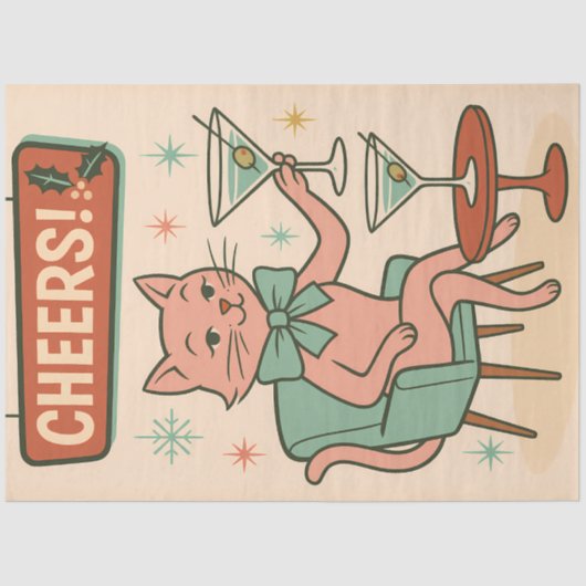 Cheers Cat – Mid Century Christmas Cocktail Tissuepapier (Voorkant)