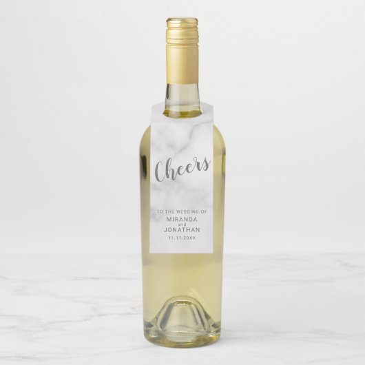 'Cheers' Classy Elegant Script Marmeren bruiloft Flessenhanger (Op fles)