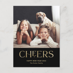 Cheers Decoratieve tekst Happy Nieuwjaar foto Feestdagenkaart