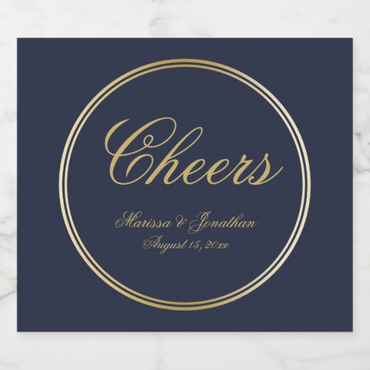 Cheers Elegant Blue Gold Calligraphy Wedding Sparkling Wijnetiket (Enkel label)