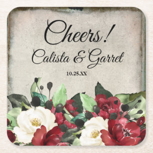 Cheers! Elegant Dark Red Floral Gothic Wedding Vierkante Kartonnen Onderzetter