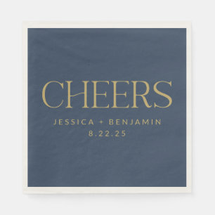 Cheers Elegant Navy Blue Gold Typography Wedding Servet