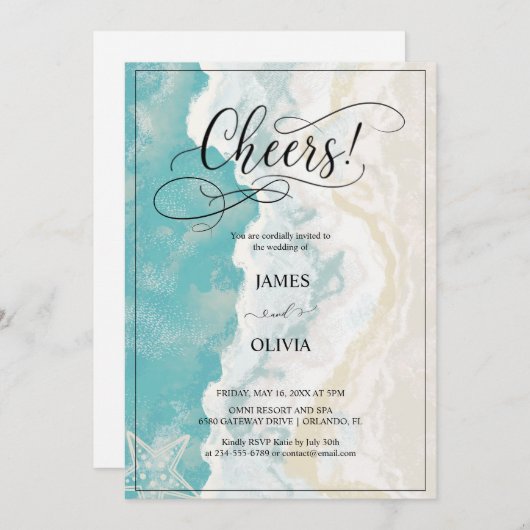Cheers! Elegante strand bruiloft uitnodiging (Voorkant / Achterkant)