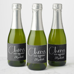 Cheers Faux Black GLITTER Birthday Mini Sparkling Wijnetiket