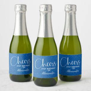 Cheers Faux Blue GLITTER Birthday Mini Sparkling Wijnetiket