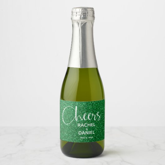 Cheers Faux GREEN GLITTER Wedding Mini Sparkling Wijnetiket (Voorkant)