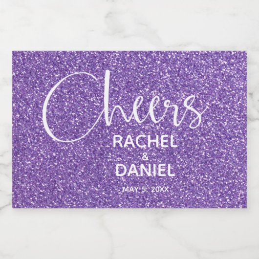 Cheers Faux PAARSE GLITTER Wedding Mini Sparkling Wijnetiket (Enkel label)