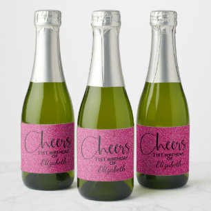 Cheers Faux Pink GLITTER Birthday Mini Sparkling Wijnetiket