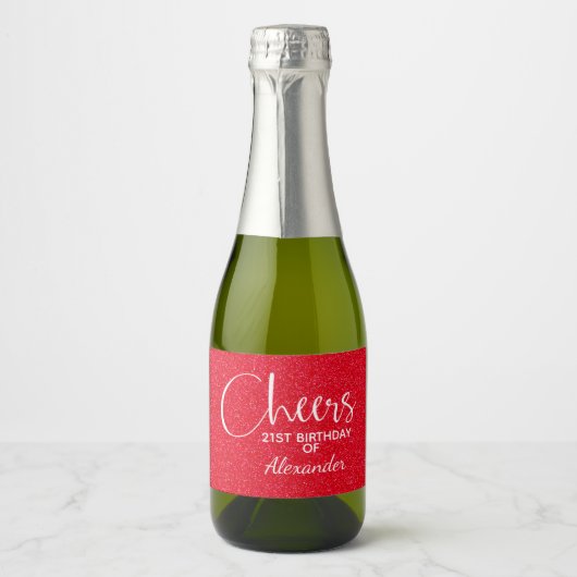 Cheers Faux Red GLITTER Birthday Mini Sparkling Wijnetiket (Voorkant)