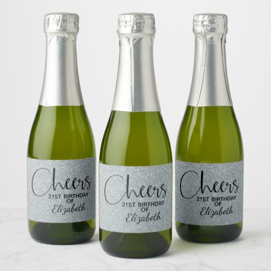 Cheers Faux Silver GLITTER Birthday Mini Sparkling Wijnetiket (Flessen)
