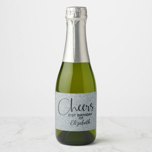 Cheers Faux Silver GLITTER Birthday Mini Sparkling Wijnetiket (Voorkant)