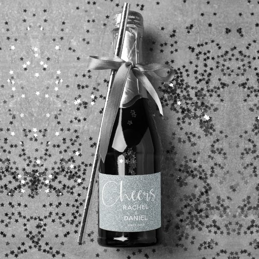 Cheers Faux SILVER GLITTER Wedding Mini Sparkling Wijnetiket