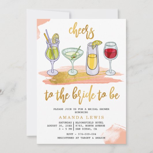 Cheers Gold Script Drink Blush Vrijgezellenfeest Kaart (Voorkant)