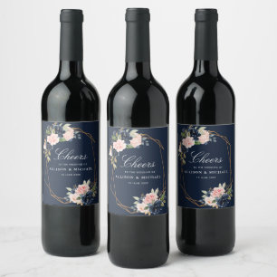 CHEERS marine en blozen bloemenbruiloft Wijn Etiket