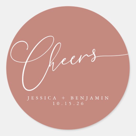 Cheers Minimalist Terracotta Script Custom Wedding Ronde Sticker (Voorkant)