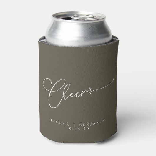 Cheers minimalistisch olive script aangepaste brui blikjeskoeler (Blikje Voorkant)
