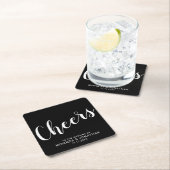 'Cheers' Modern Script Black Wedding Vierkante Kartonnen Onderzetter (Insitu)