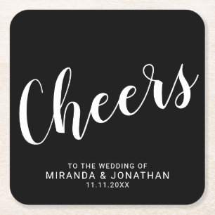 'Cheers' Modern Script Black Wedding Vierkante Kartonnen Onderzetter