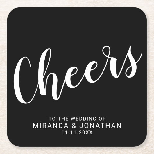 'Cheers' Modern Script Black Wedding Vierkante Kartonnen Onderzetter (Voorkant)