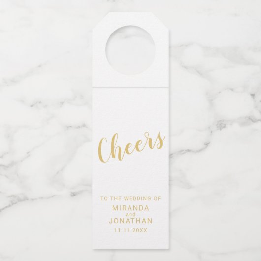 'Cheers' Modern Script Gold Wedding Flessenhanger (Voorkant)