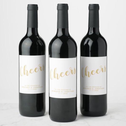 'Cheers' Modern Script Gold Wedding Wijn Etiket (Flessen)