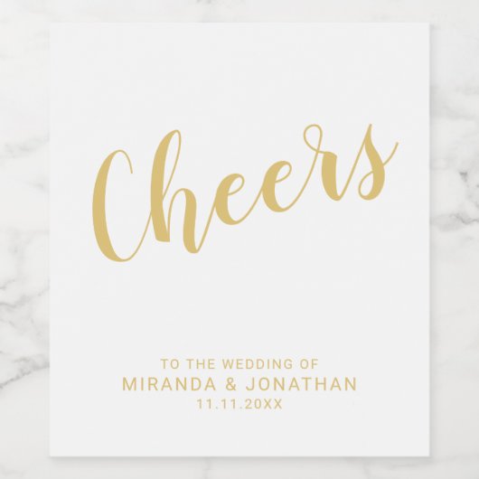 'Cheers' Modern Script Gold Wedding Wijn Etiket (Enkel label)