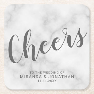 'Cheers' Modern Script White Marble Wedding Vierkante Kartonnen Onderzetter