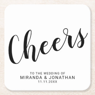 'Cheers' Modern Script Zwart-wit bruiloft Vierkante Kartonnen Onderzetter