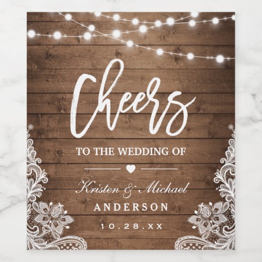 Cheers op de bruiloft Rustic Wood String Lights Wijn Etiket (Enkel label)