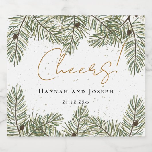Cheers Pine & Gold Kerst Feestelijke bruiloft Sparkling Wijnetiket (Enkel label)