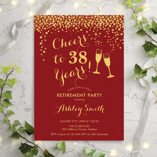 Cheers Retirement Party Invitation Red Gold Kaart