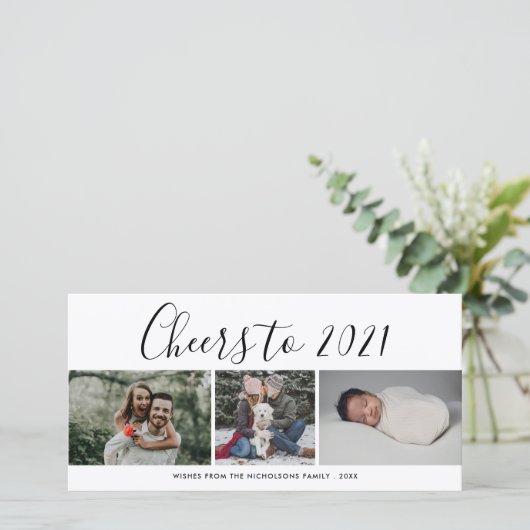 Cheers To 2021 Three Photo Collage Modern Feestdagenkaart (Staand voorkant)