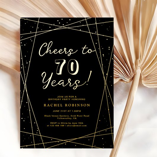 Cheers to 70 Years Birthday Party Black & Gold Folie Uitnodiging
