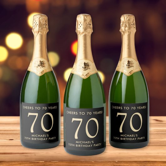 Cheers to 70 Years Black Gold 70th Birthday Party Sparkling Wijnetiket